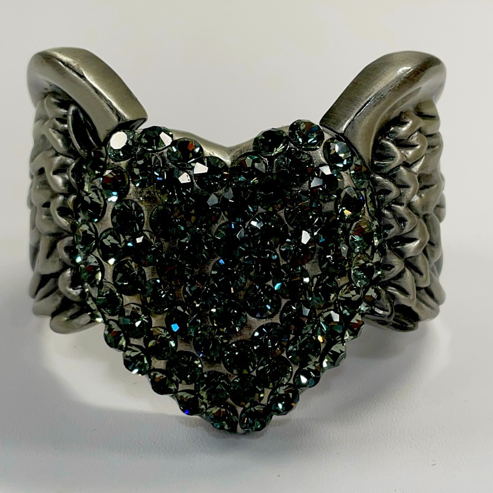 Large Rhinestone Heart with Wings Hinged Cuff Bracelet